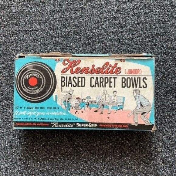 Vintage Henselite Junior Biased Indoor/Outdoor Carpet/Lawn 8 Bowls in Box Brown